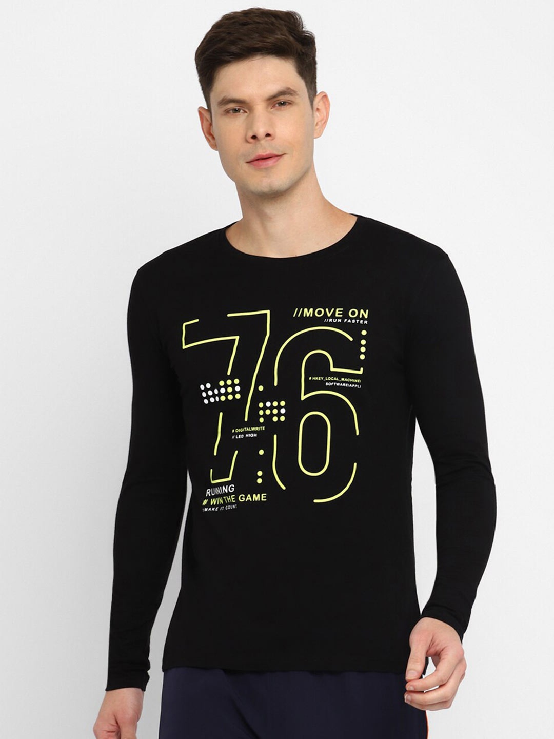 appulse Varsity Printed Long Sleeves Cotton T-shirt, Black
