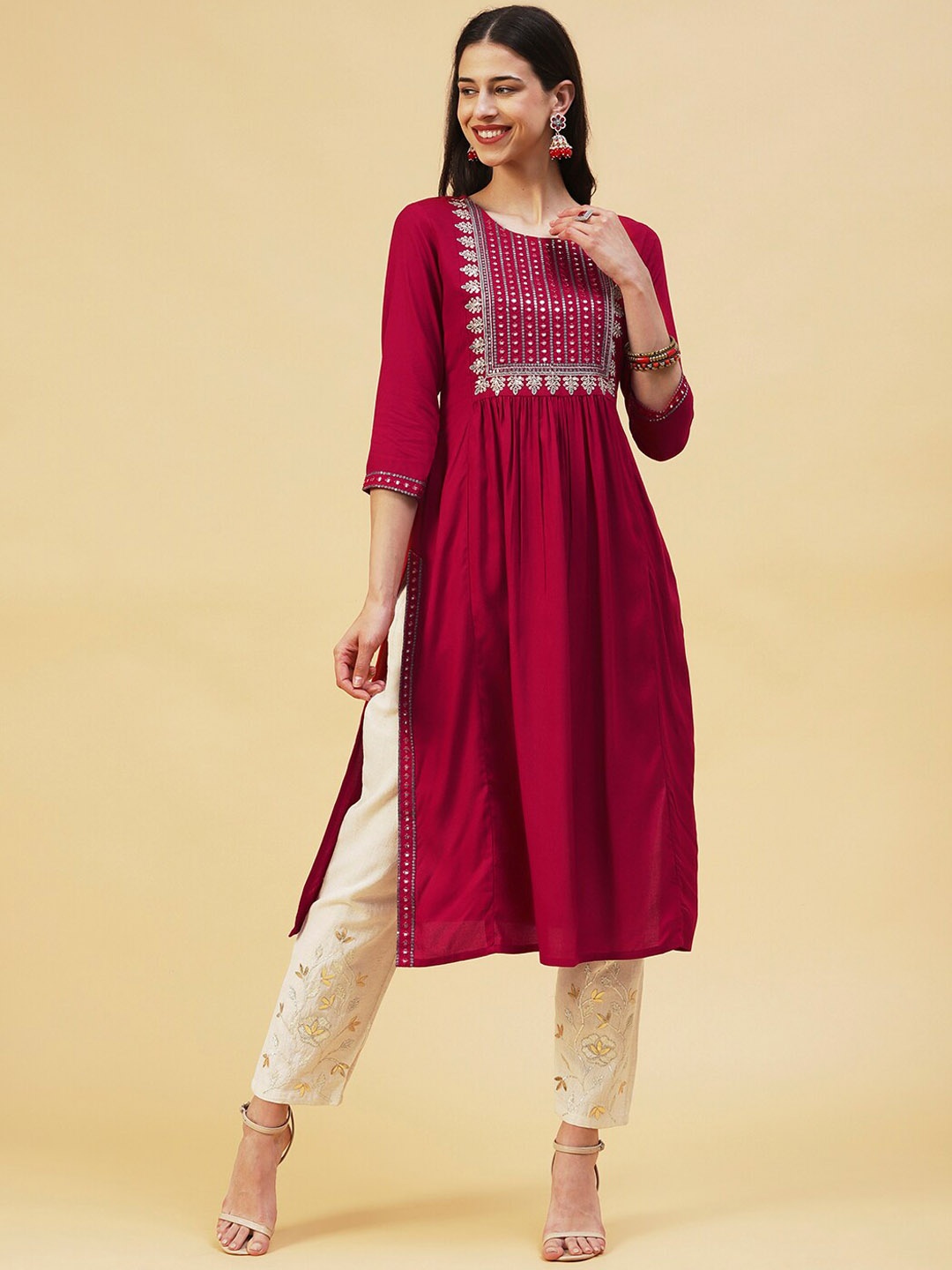 

FASHOR Round Neck Mirror Work A-Line Kurta, Red