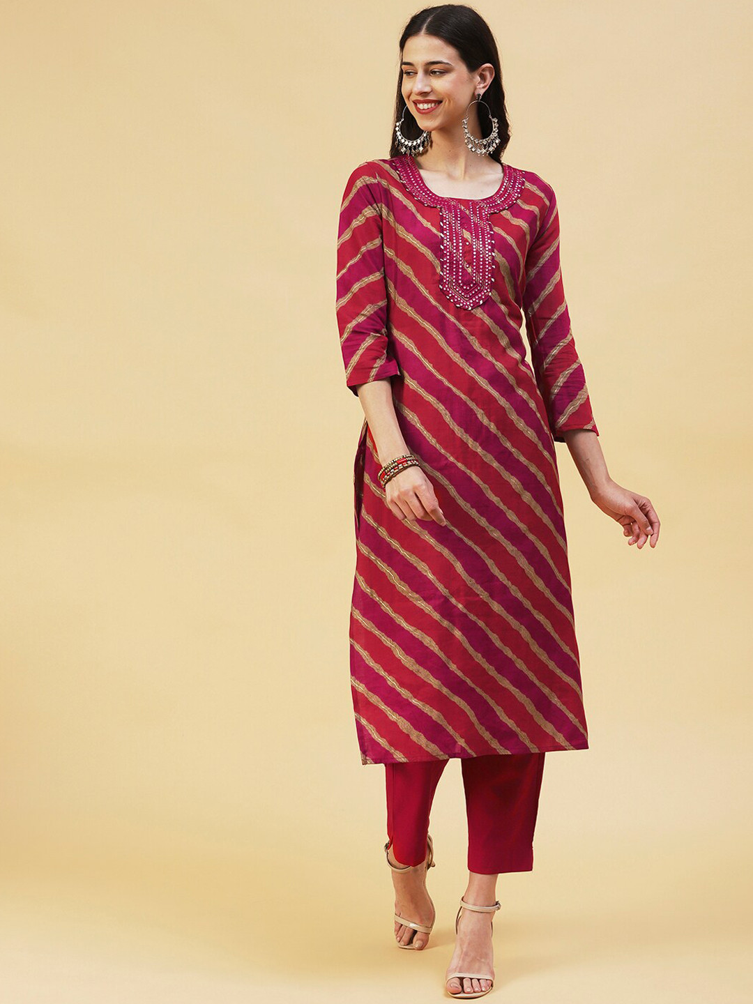

FASHOR Striped Mirror Work Kurta, Red