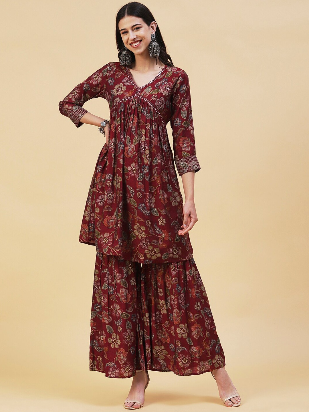 

FASHOR Floral Printed Kurta with Sharara, Maroon