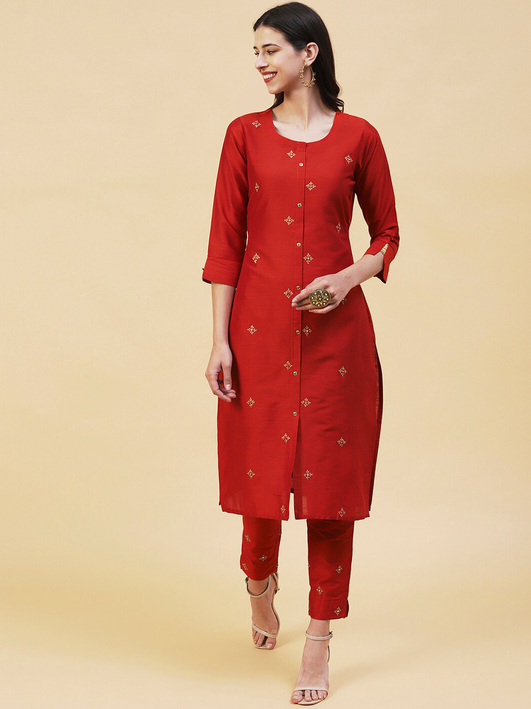 

FASHOR Floral Embroidered Mirror Work Kurta with Trousers, Rust