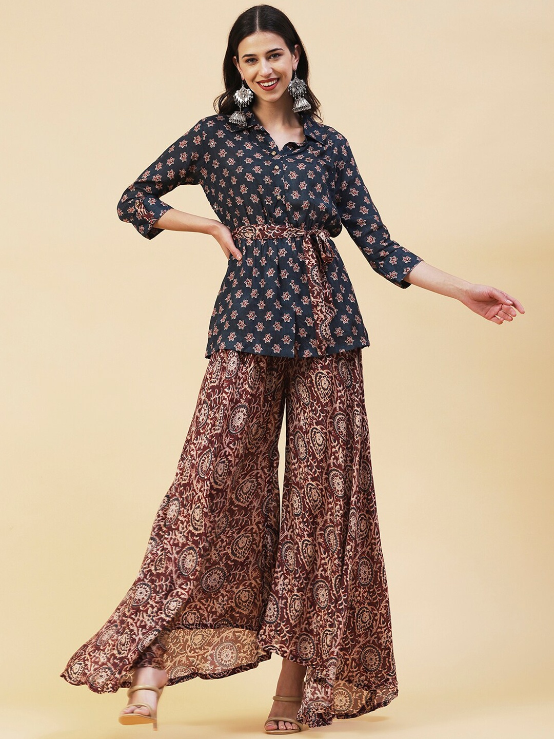 

FASHOR Floral Printed Top with Palazzos, Teal