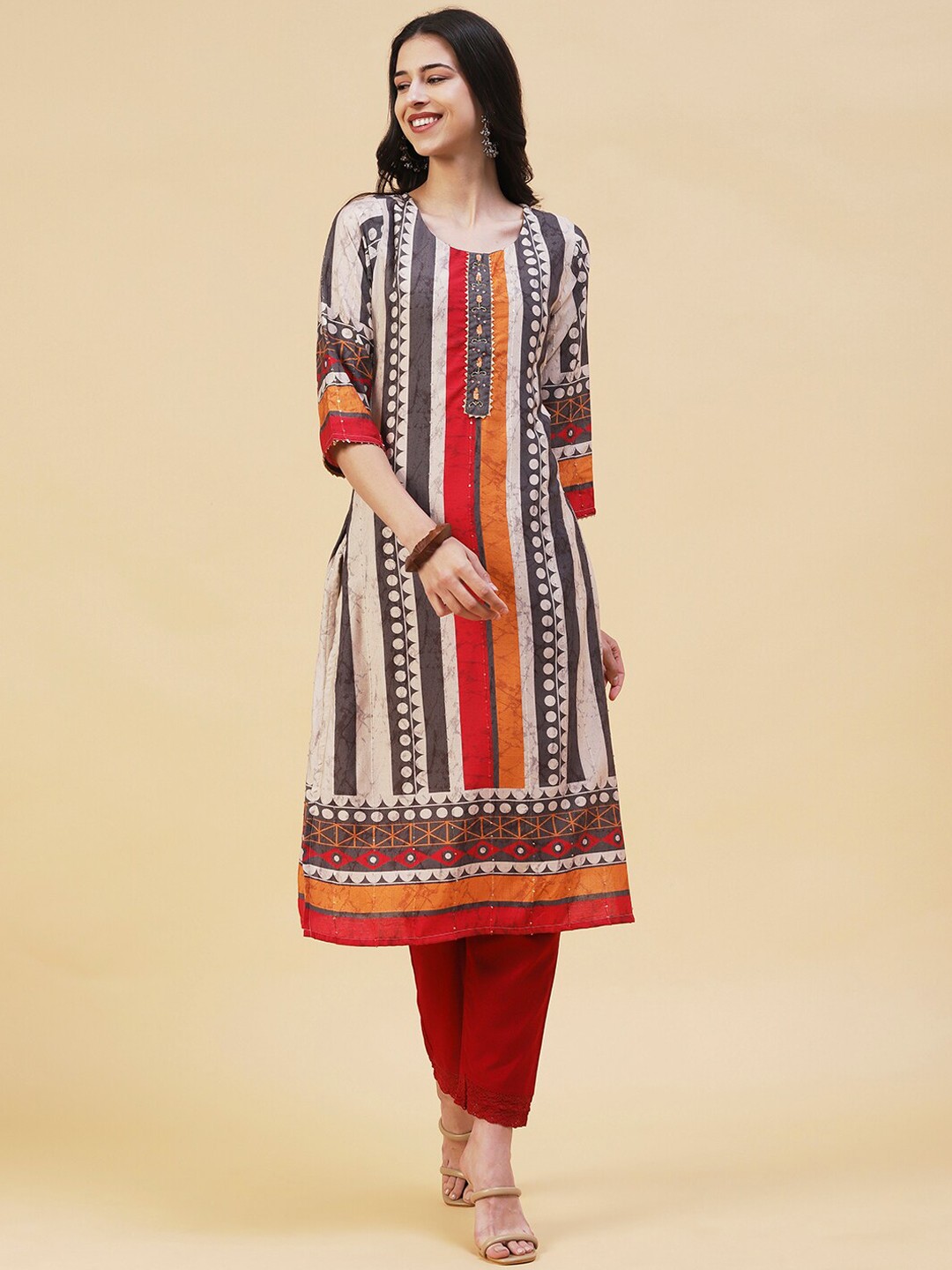 

FASHOR Geometric Printed Sequinned Chanderi Silk Kurta, Cream