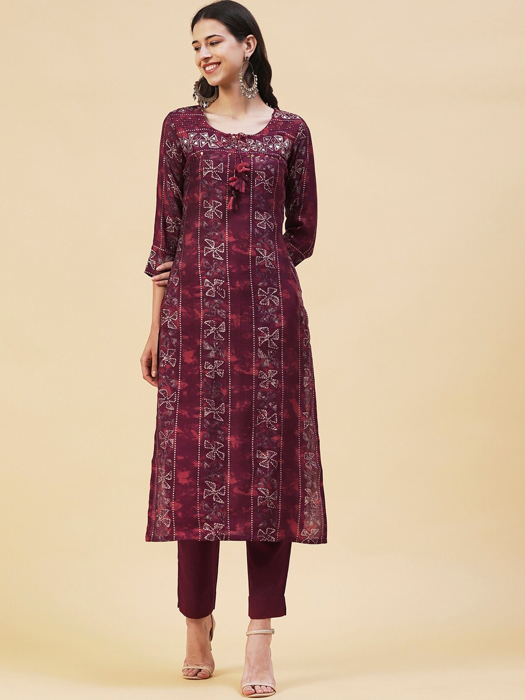 

FASHOR Straight Bandhani Printed Kurta with Trousers, Magenta