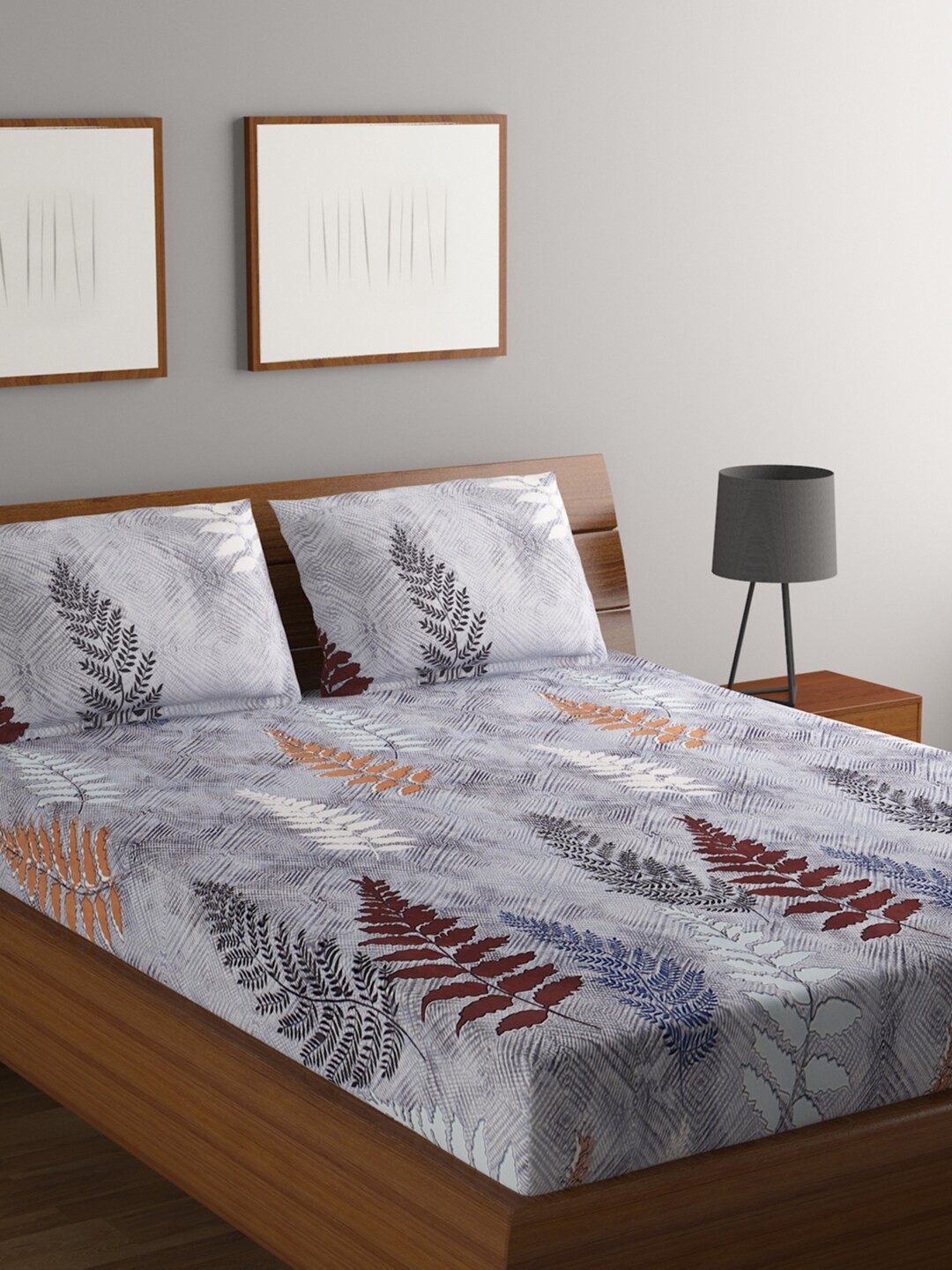 

BOMBAY DYEING Grey & Brown Floral 130 TC Flat Queen Bedsheet with 2 Pillow Covers