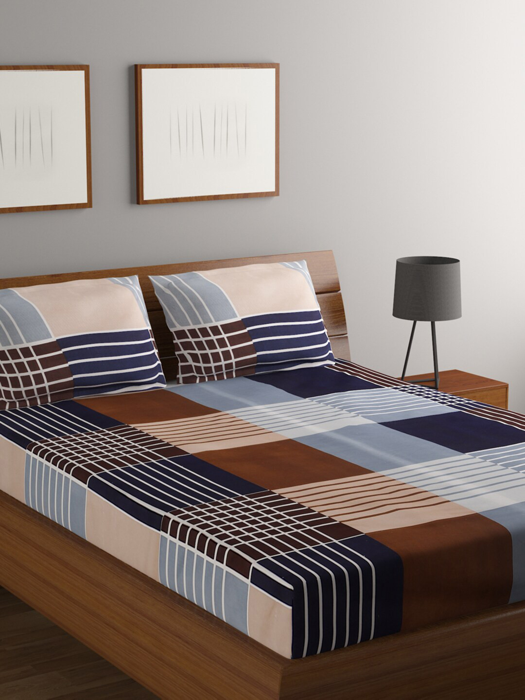 

BOMBAY DYEING Blue & Brown 110 TC Flat Queen Bedsheet with 2 Pillow Covers