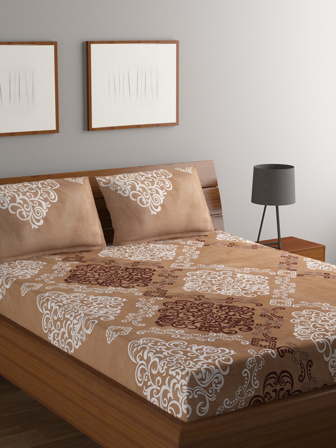 

BOMBAY DYEING Brown & White Ethnic Motifs 144 TC Flat Queen Bedsheet with 2 Pillow Covers