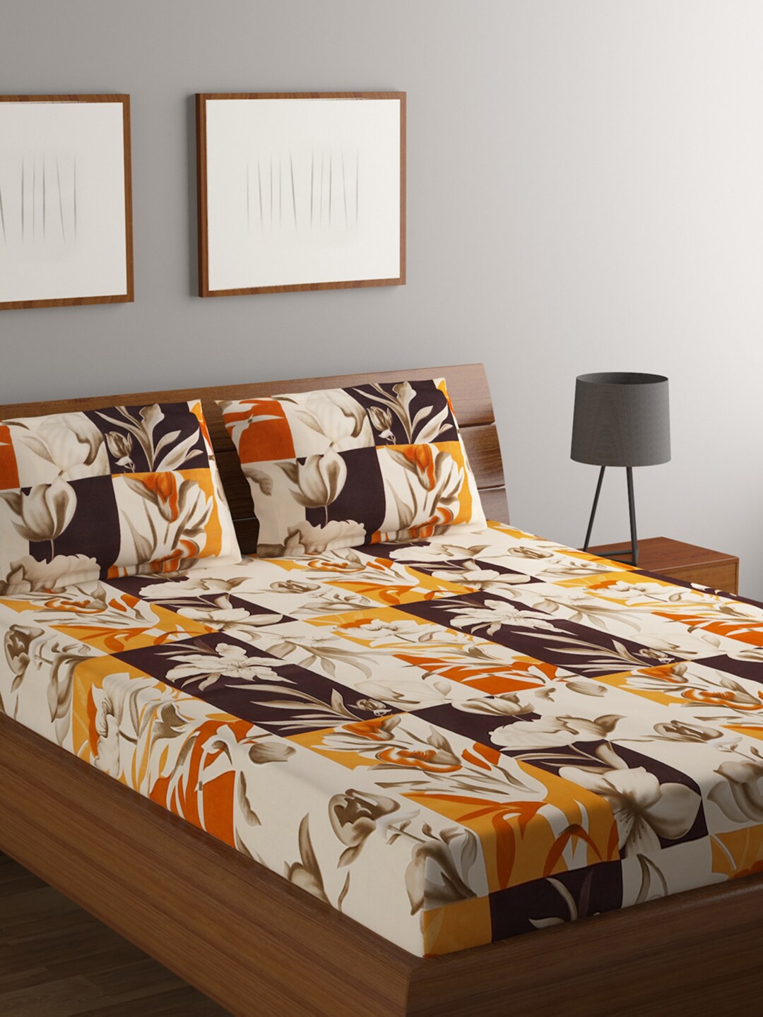 

BOMBAY DYEING White & Orange Floral 144 TC Flat Queen Bedsheet with 2 Pillow Covers