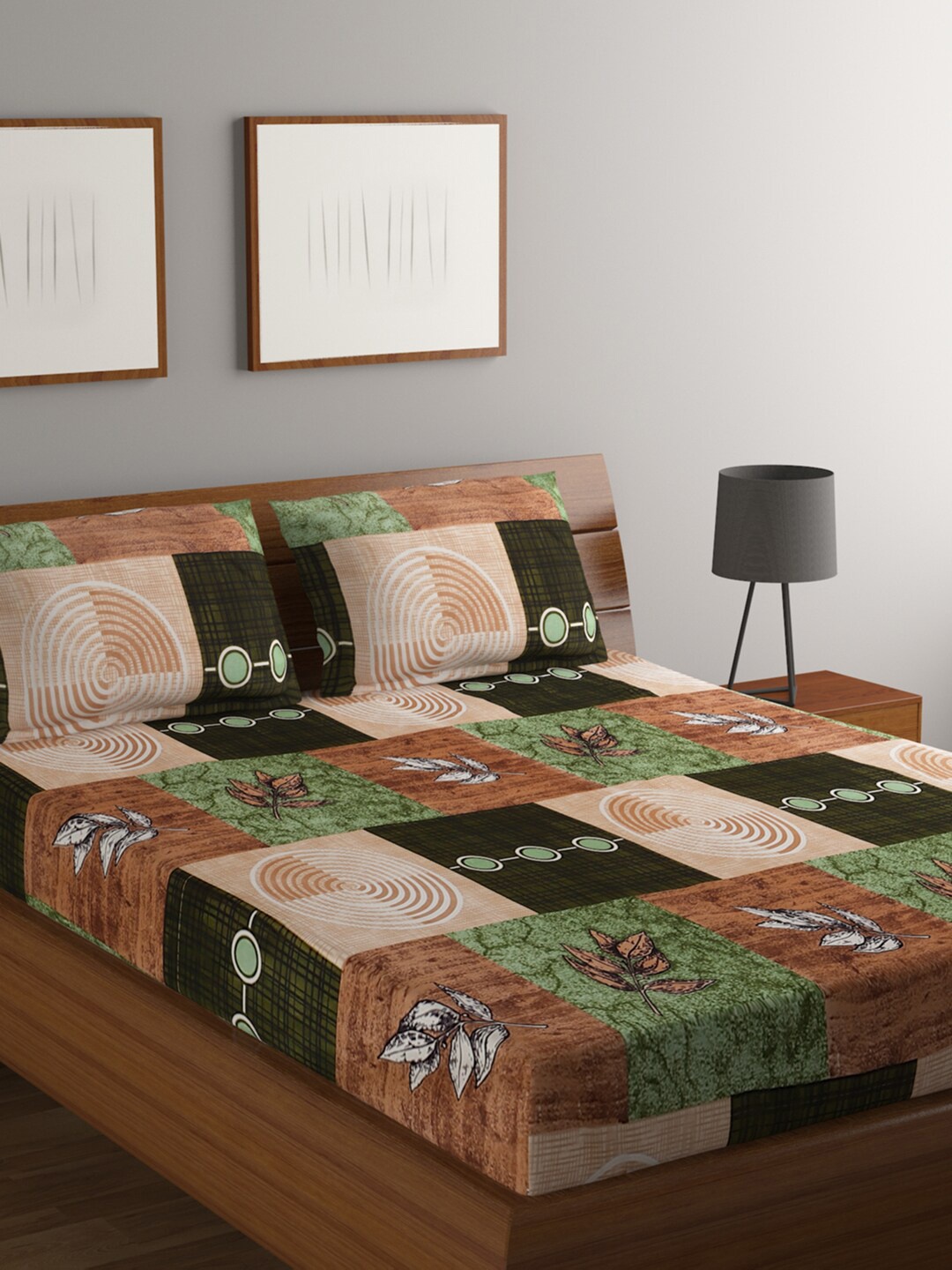 

BOMBAY DYEING Brown & Green Floral 144 TC Flat Queen Bedsheet with 2 Pillow Covers