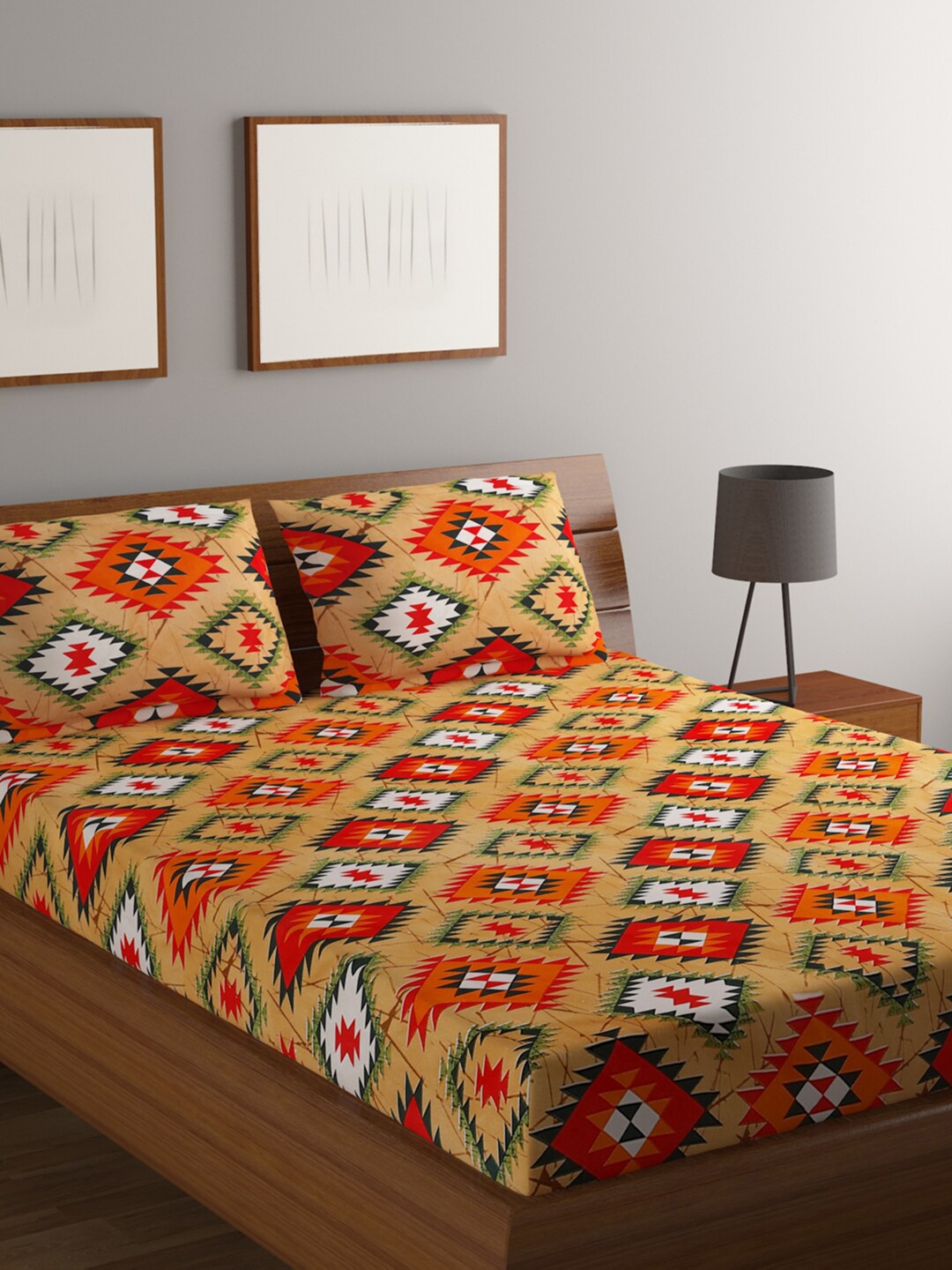 

BOMBAY DYEING Brown & Red Geometric 144 TC Flat Queen Bedsheet with 2 Pillow Covers
