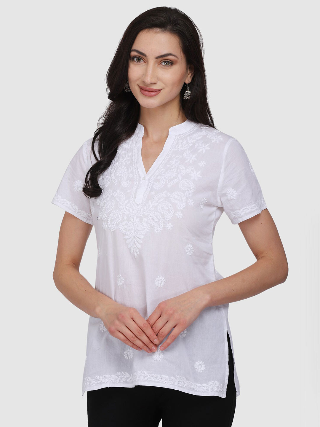 

PARAMOUNT CHIKAN Ethnic Motifs Embroidered Chikankari Cotton Top, White