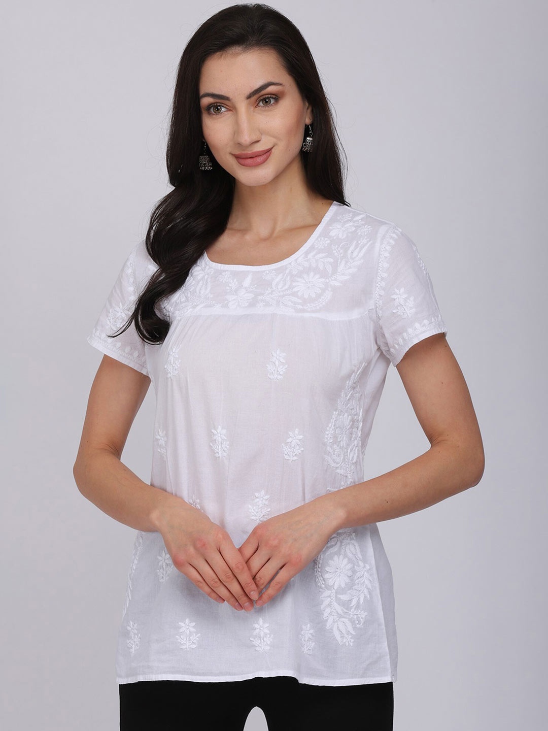

PARAMOUNT CHIKAN Embroidered Chikankari Cotton Top, White