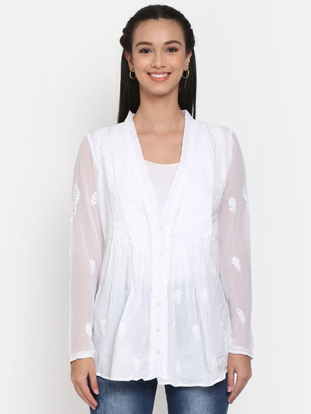 

PARAMOUNT CHIKAN Embroidered Chikankari Cotton Front Open Top, White