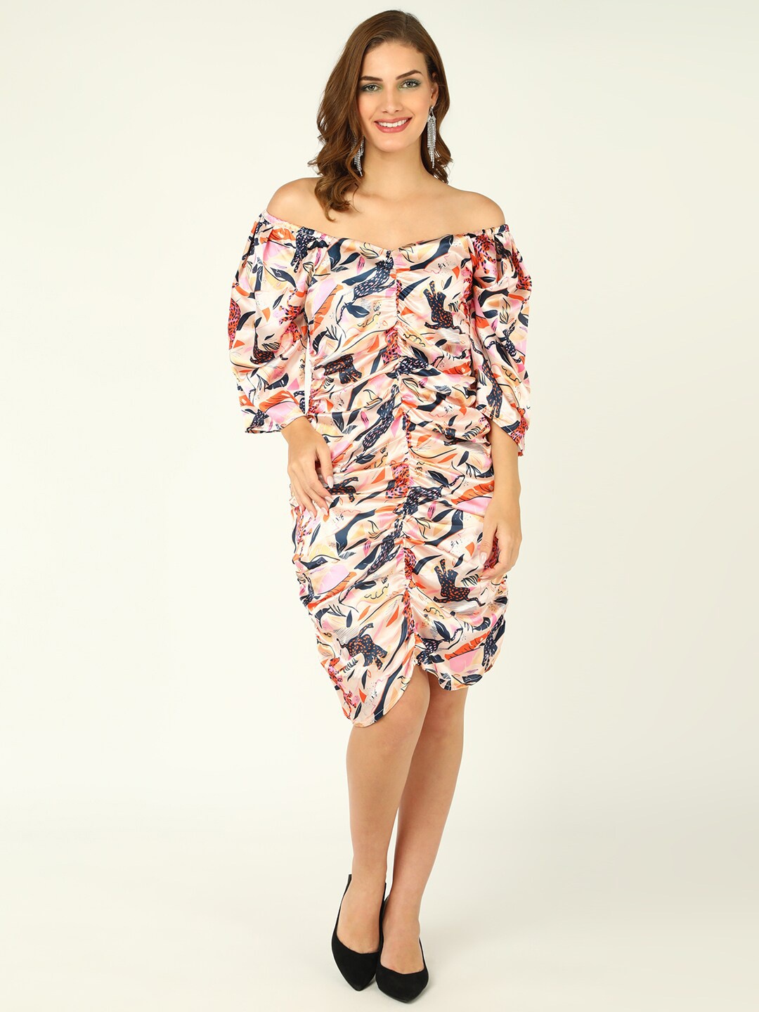 

DODO & MOA Floral Off-Shoulder Satin A-Line Dress, Navy blue