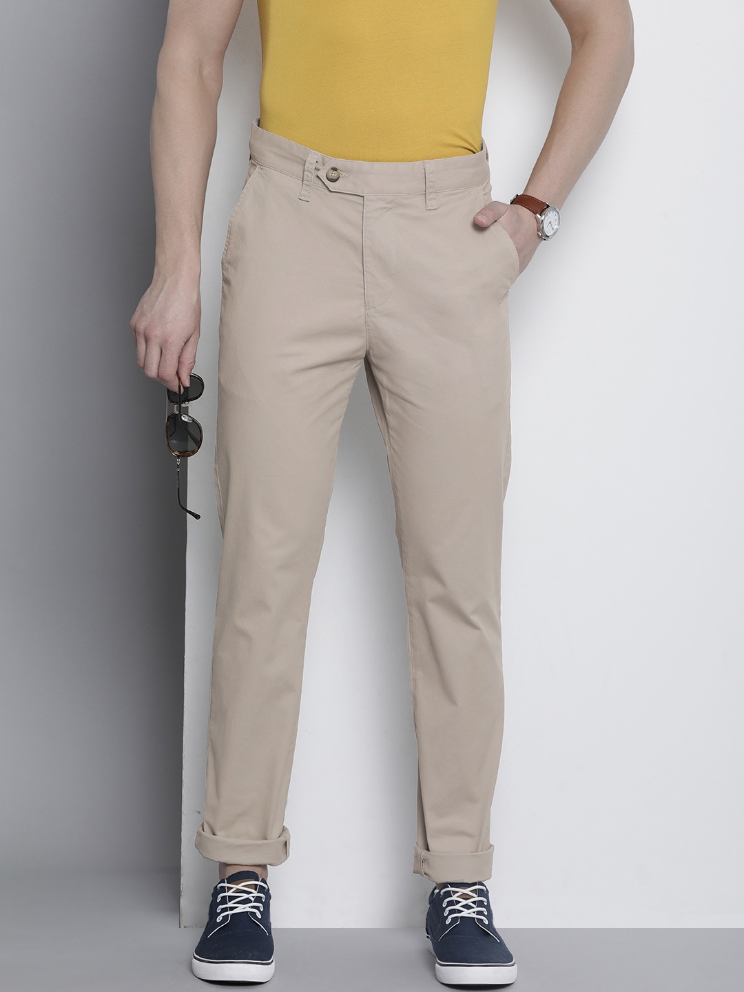 

Nautica Men Solid Tailored Fit Mid-rise Casual Trousers, Beige