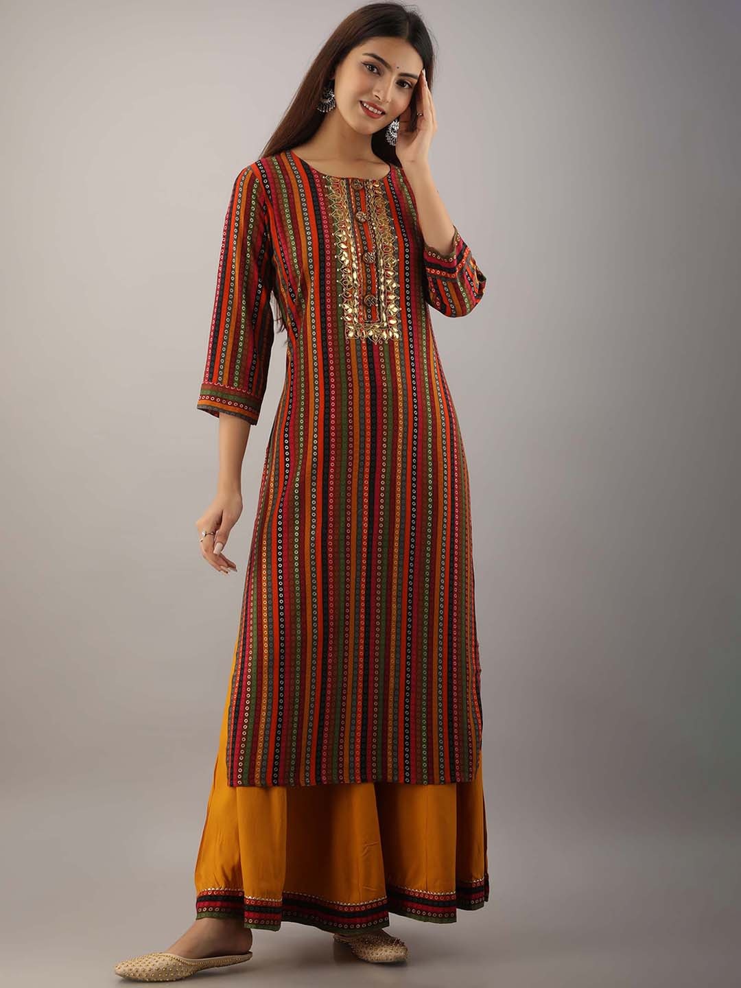 

Spera Notch Neck Striped Printed Gotta Patti Kurta With Palazzos, Red
