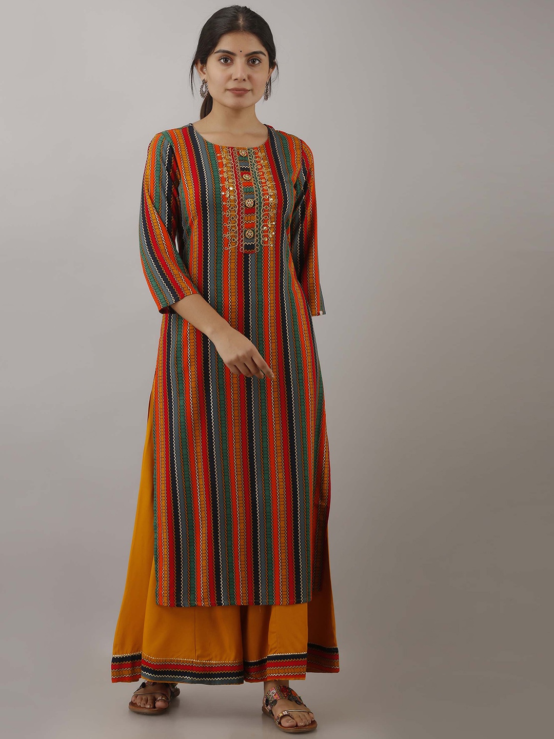 

Spera Geometric Printed Thread Work Kurta with Palazzos, Orange