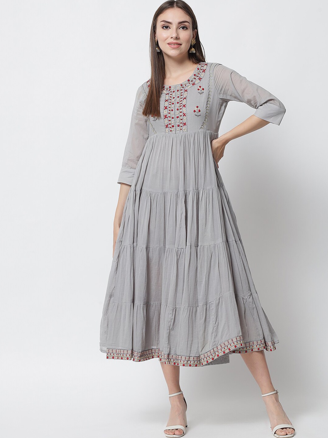 

Spera Floral Embroidered Empire Cotton Midi Dress, Grey