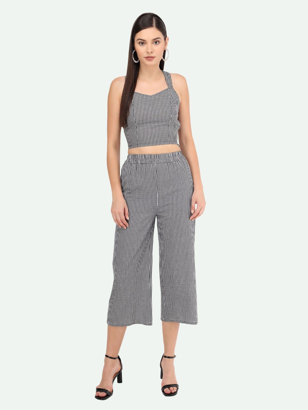 

Beatnik Checked Crop Top Halter Neck With Trousers Co-Ord Set, Black