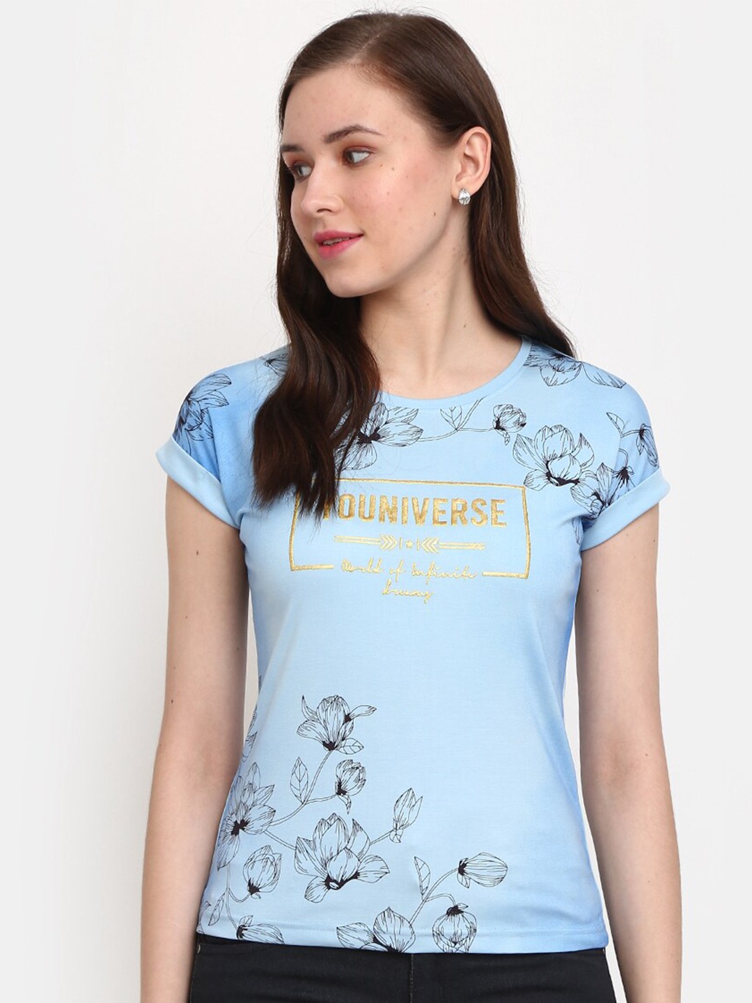 

V-Mart Floral Printed Round Neck Cotton T-shirt, Blue