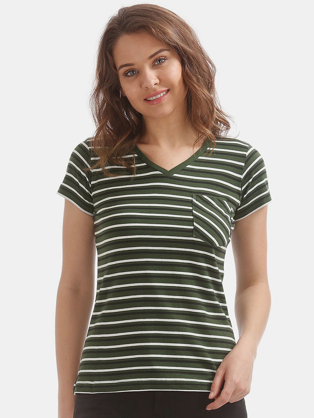 

V-Mart Striped V-Neck Cotton T-shirt, Green