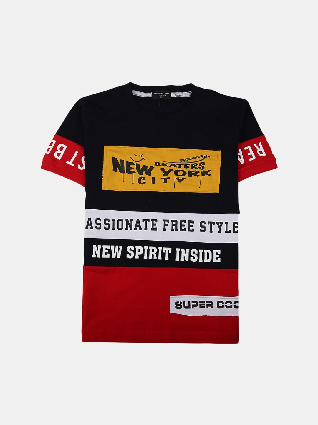 

V-Mart Boys Colourblocked Typography Printed Cotton T-shirt, Navy blue