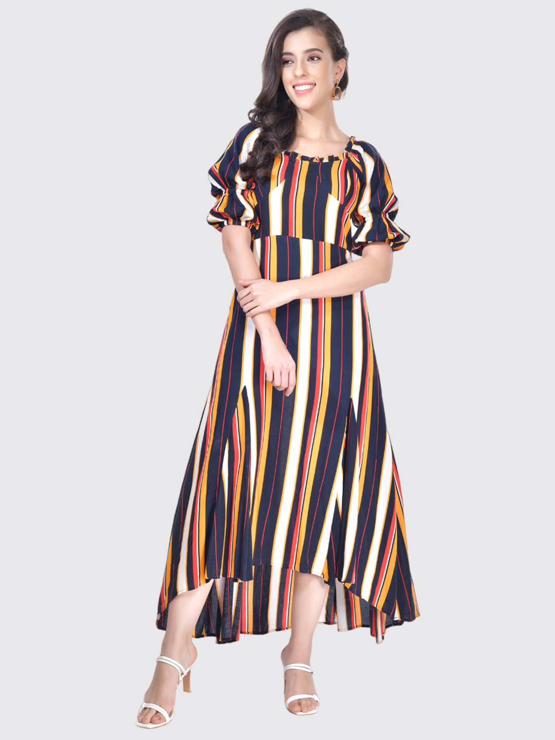 

Beatnik Striped Round Neck Short Sleeves High Low A-Line Dress, Navy blue