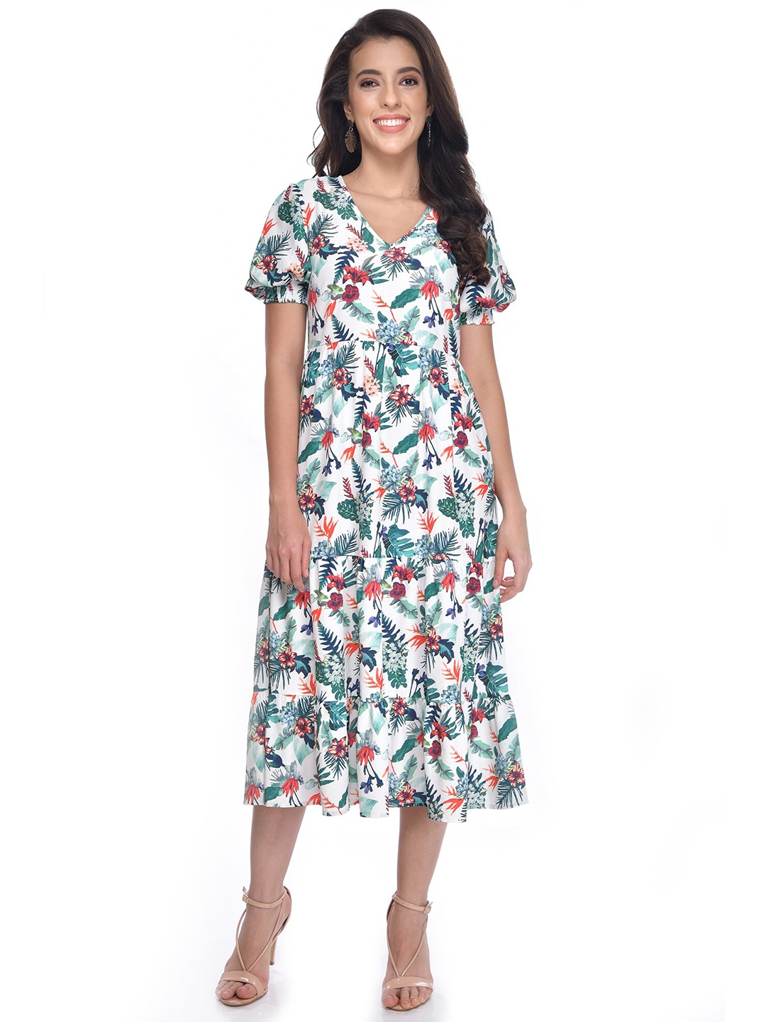 

Beatnik V-Neck Floral Printed A-Line Dress, Off white
