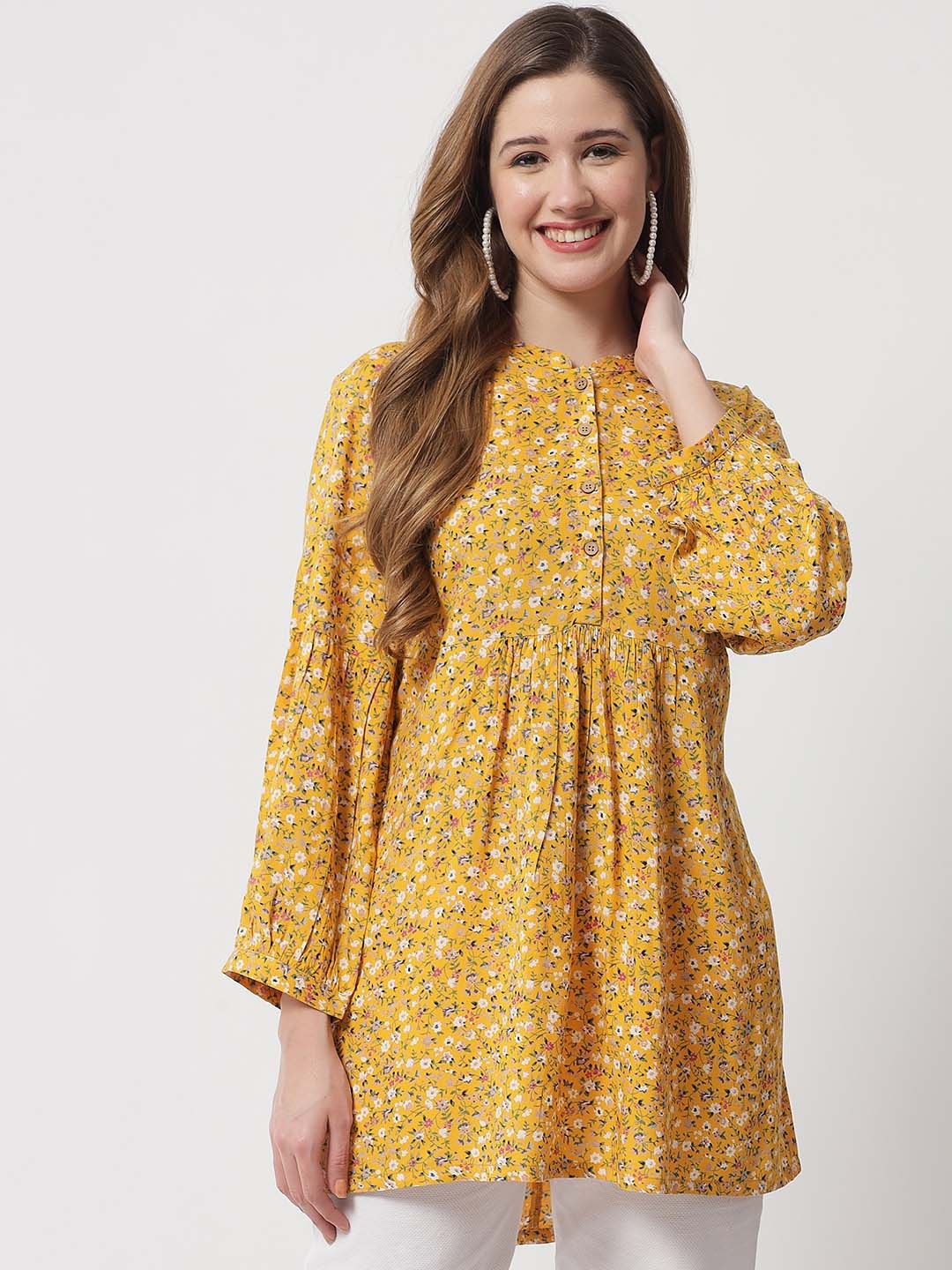 

Beatnik Floral Printed Mandarin Collar Kurti, Mustard