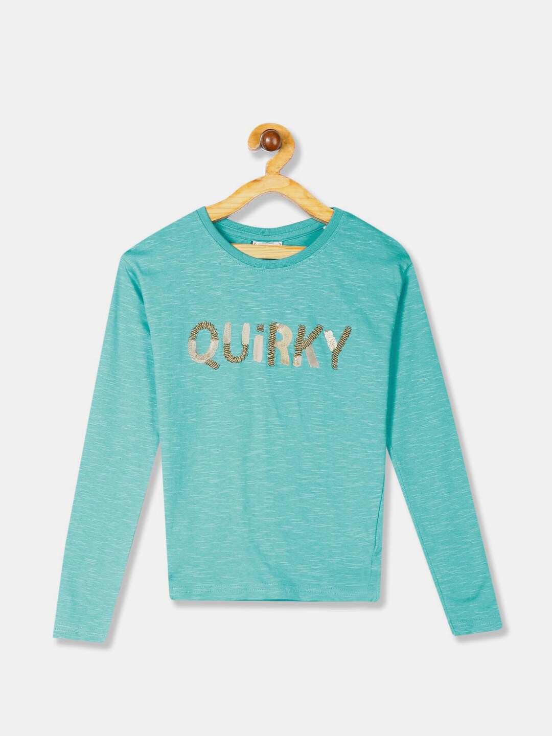 

V-Mart Girls Typography Embellished Long Sleeves Cotton T-shirt, Turquoise blue