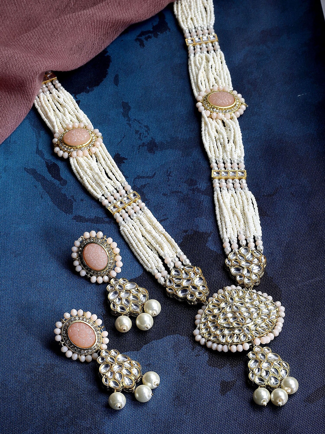 

KARATCART Gold-Plated Kundan-Studded Beaded Jewellery Set, Peach