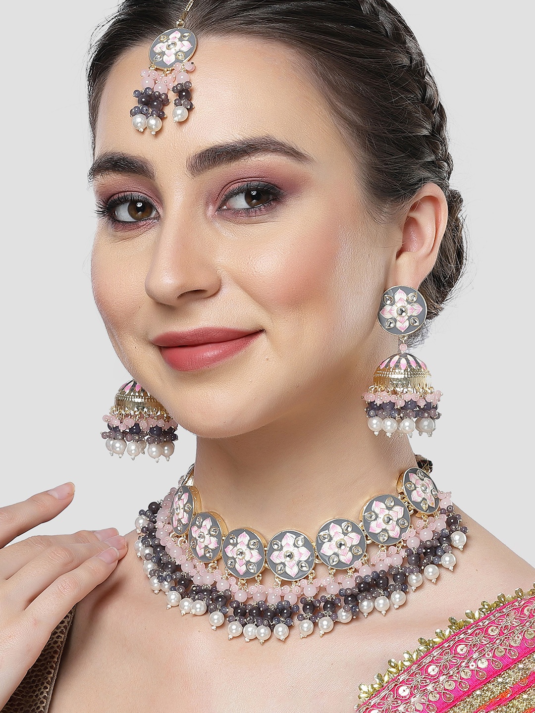 

KARATCART Gold-Plated Kundan-Studded Beaded Jewellery Set, Grey