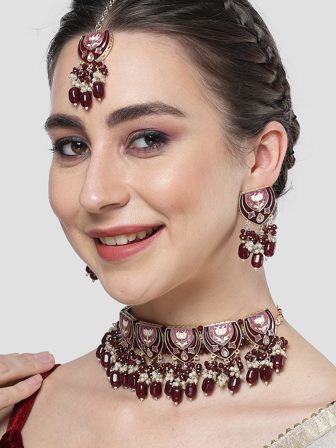 

KARATCART Gold-Plated Meenakari Lotus Design & Kundan Studded Jewellery Set, Maroon