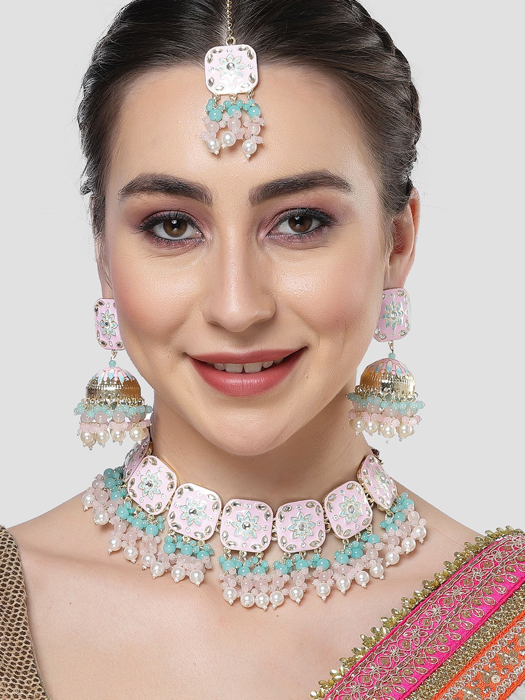 

KARATCART Gold-Plated Kundan-Sudded Meenakari Jewellery Set, Blue