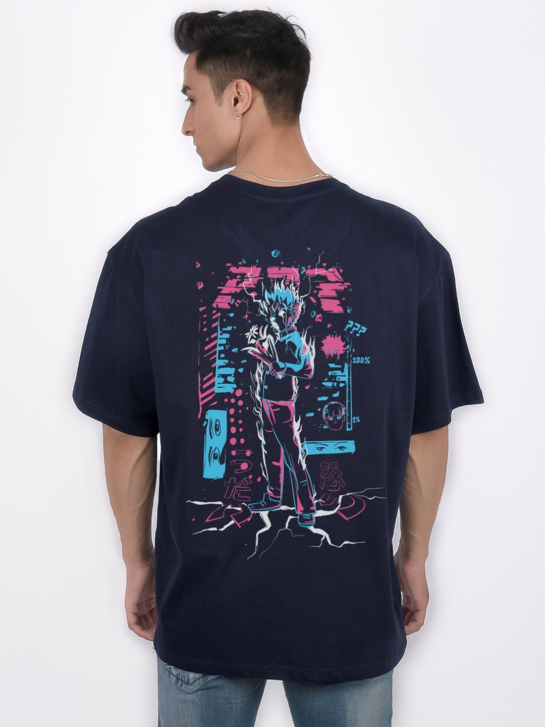 

COMICSENSE Men Anime Printed Cotton Oversized Tshirt, Navy blue