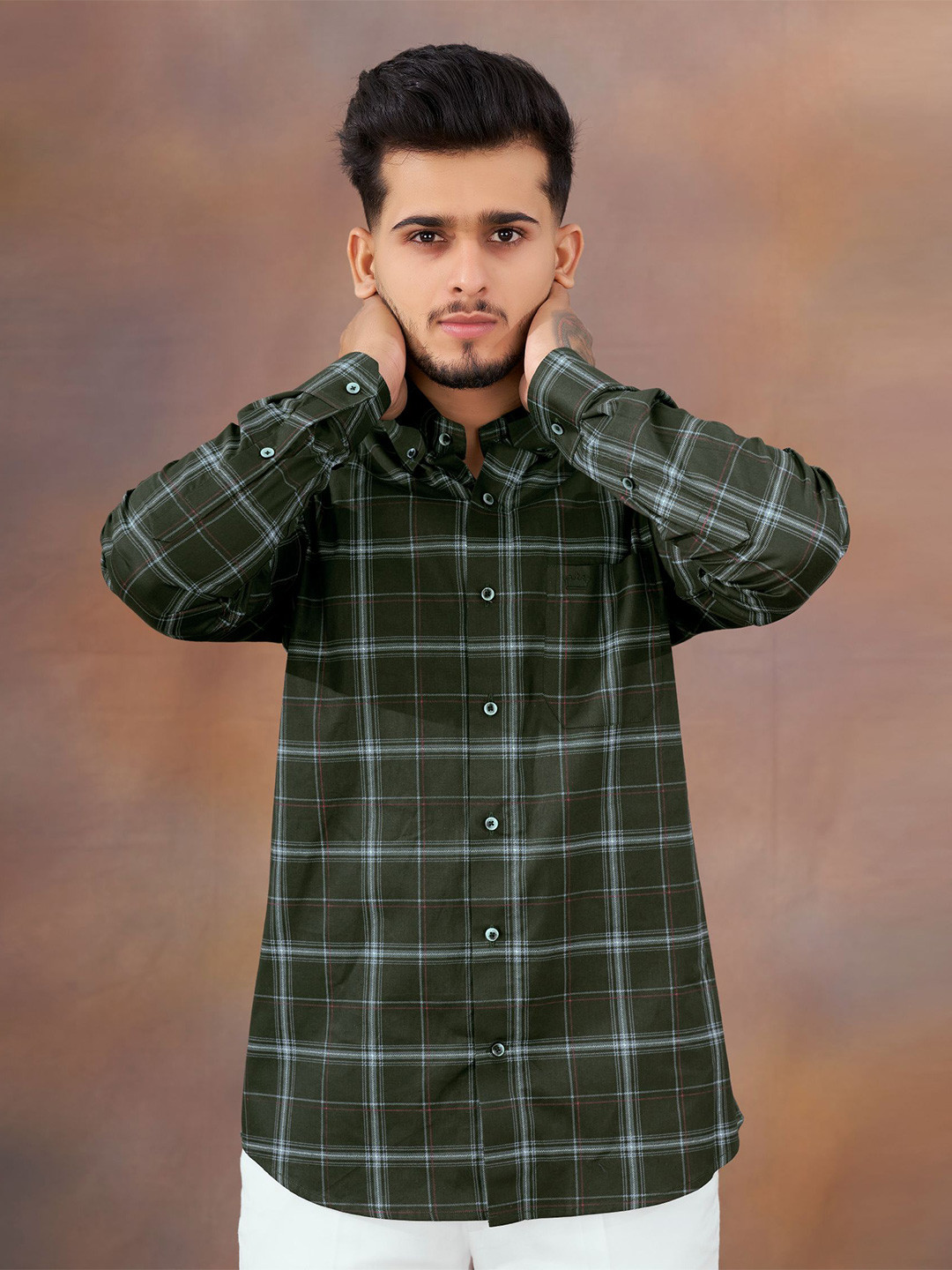

FRENCH CROWN Standard Tartan Checked Cotton Casual Shirt, Green