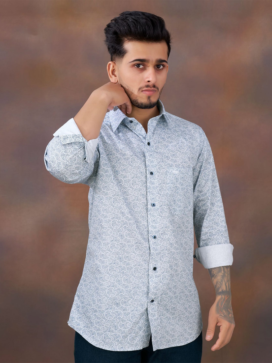 

FRENCH CROWN Men Blue Standard Printed Casual Shirt