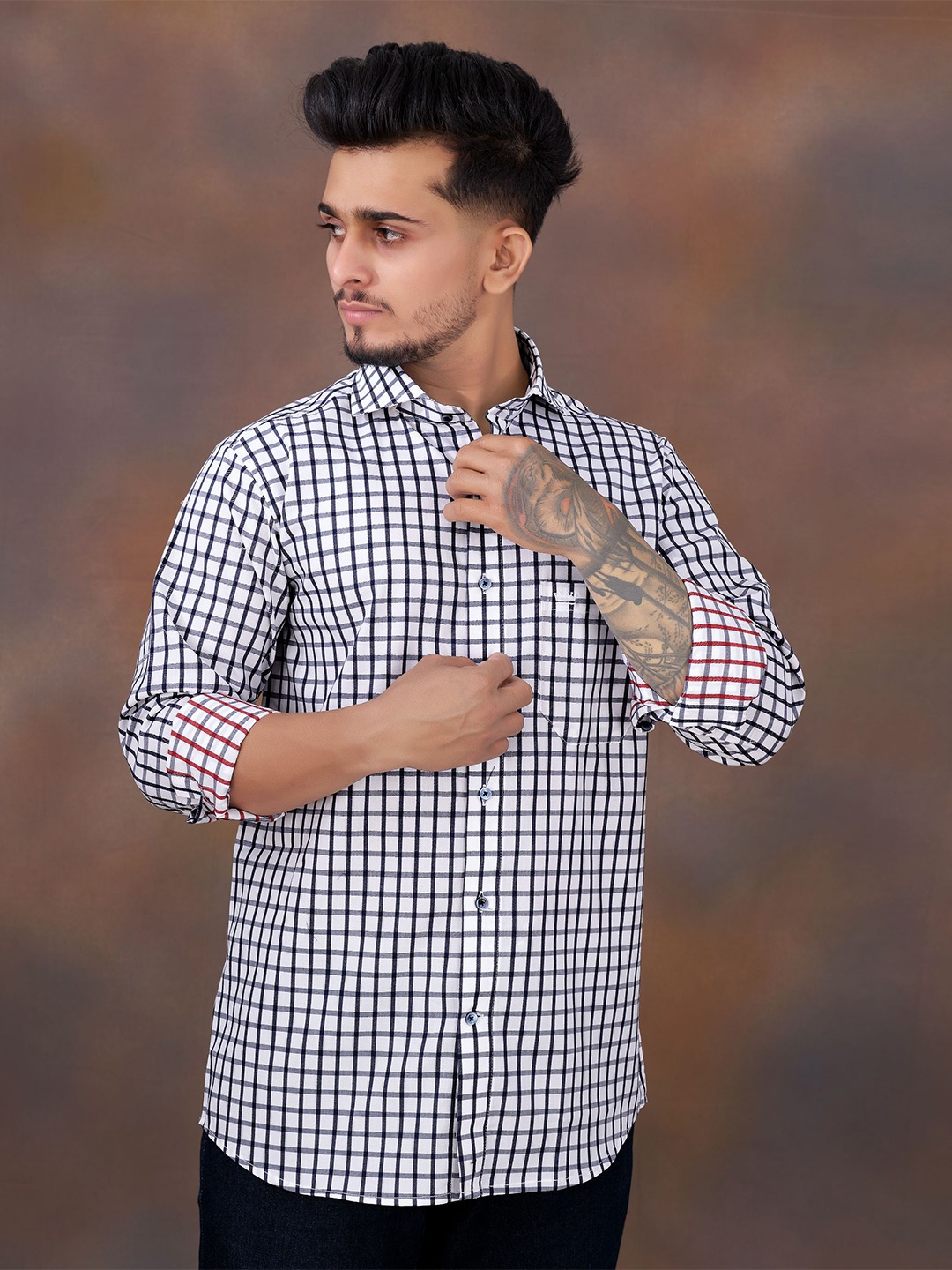 

FRENCH CROWN Men White Standard Gingham Checks Checked Casual Shirt