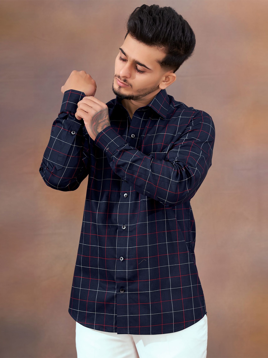 

FRENCH CROWN Checked Cotton Casual Shirt, Navy blue