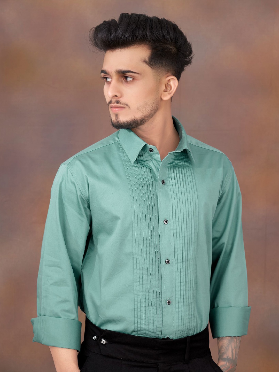 

FRENCH CROWN Standard Twill Pleated Casual Cotton Shirt, Green