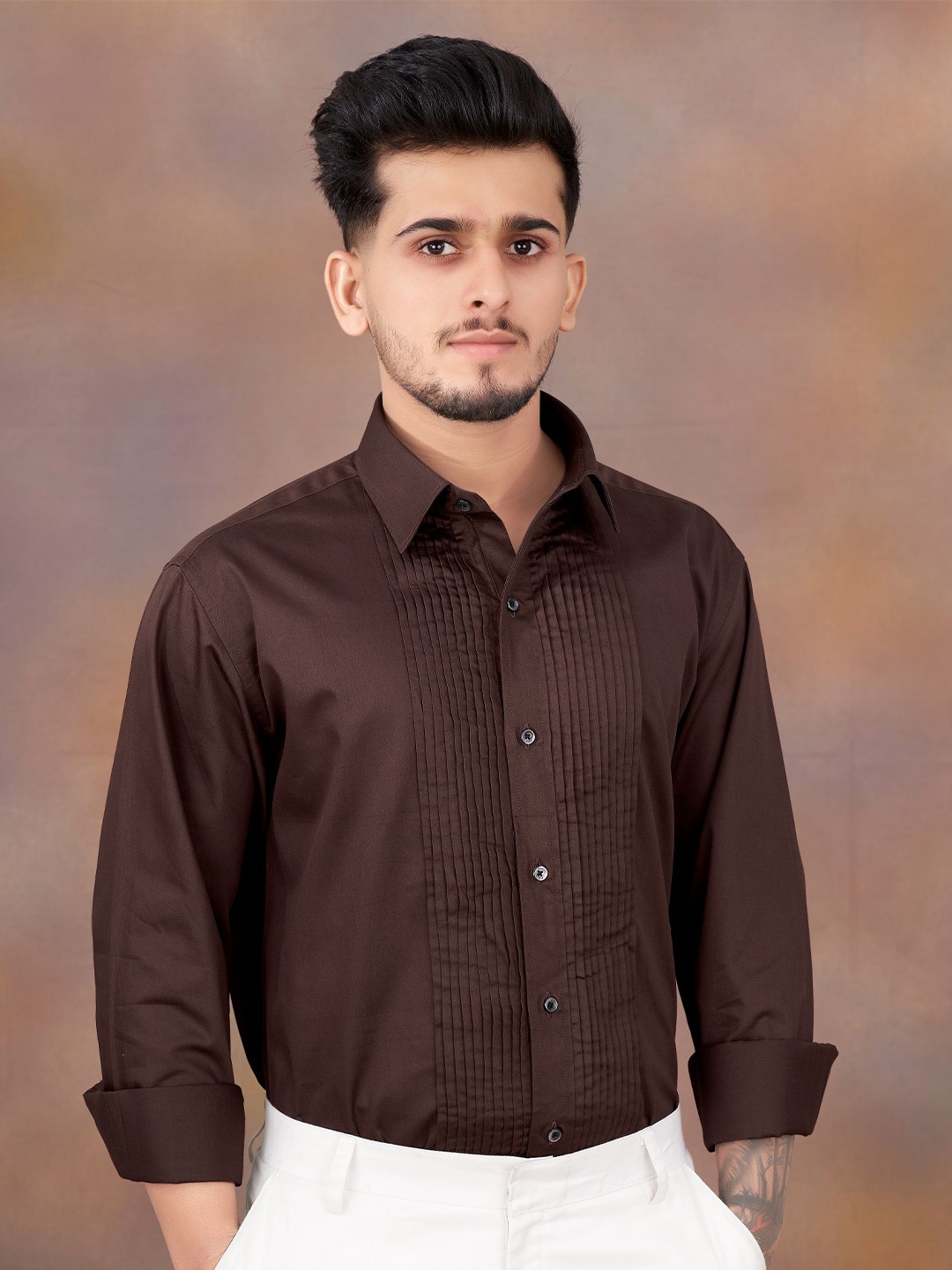 

FRENCH CROWN Standard Twill Pleated Casual Cotton Shirt, Brown