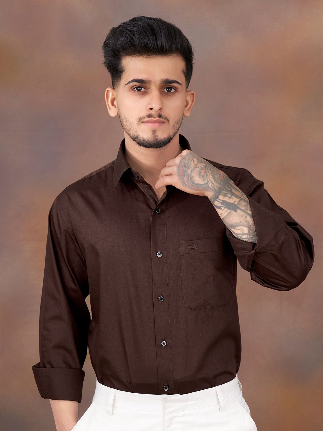 

FRENCH CROWN Standard Patch Pocket Twill Casual Cotton Shirt, Brown