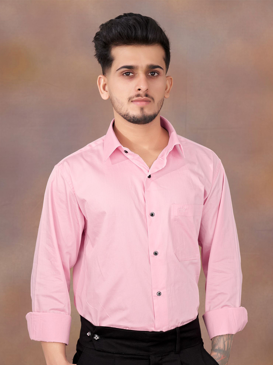 

FRENCH CROWN Standard Patch Pocket Twill Casual Cotton Shirt, Pink