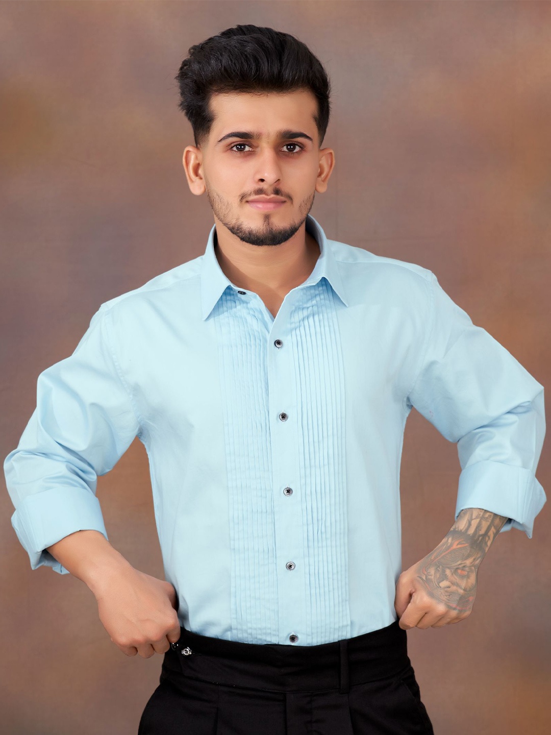 

FRENCH CROWN Standard Twill Pleated Casual Cotton Shirt, Blue