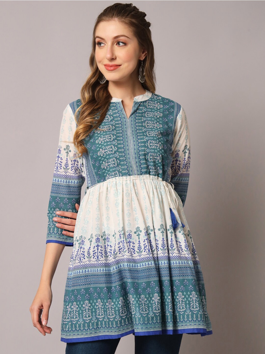 

PREKSHA Cotton Floral Printed Tunic, White