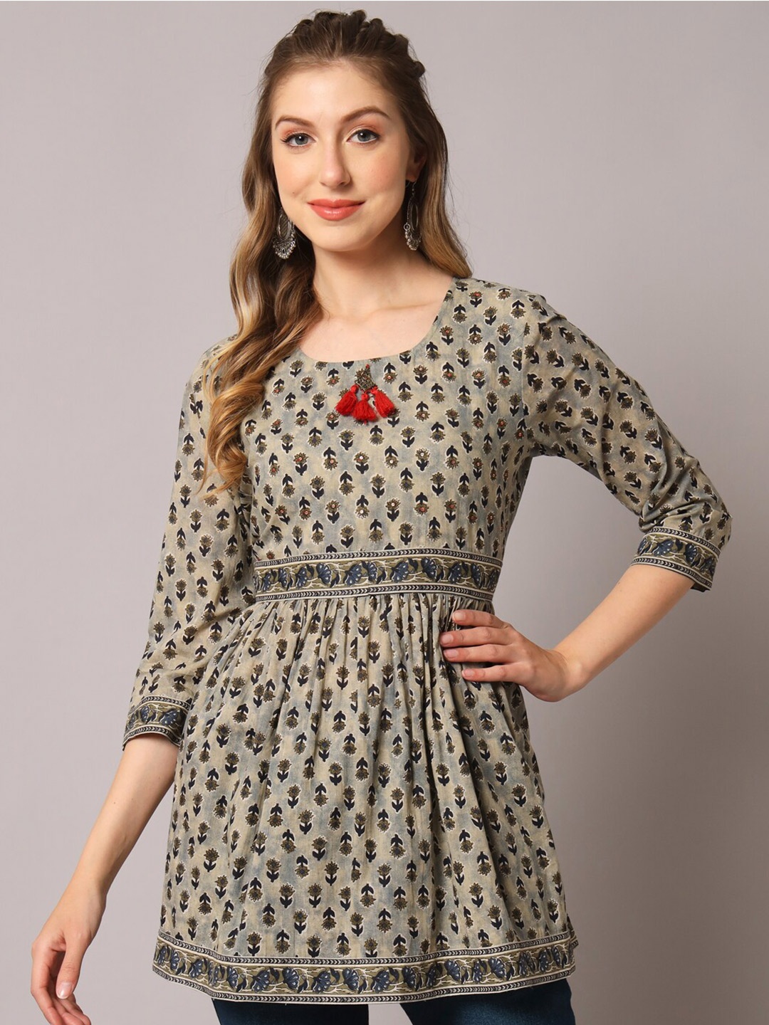 

PREKSHA Cotton Printed Embellished Tunic, Blue
