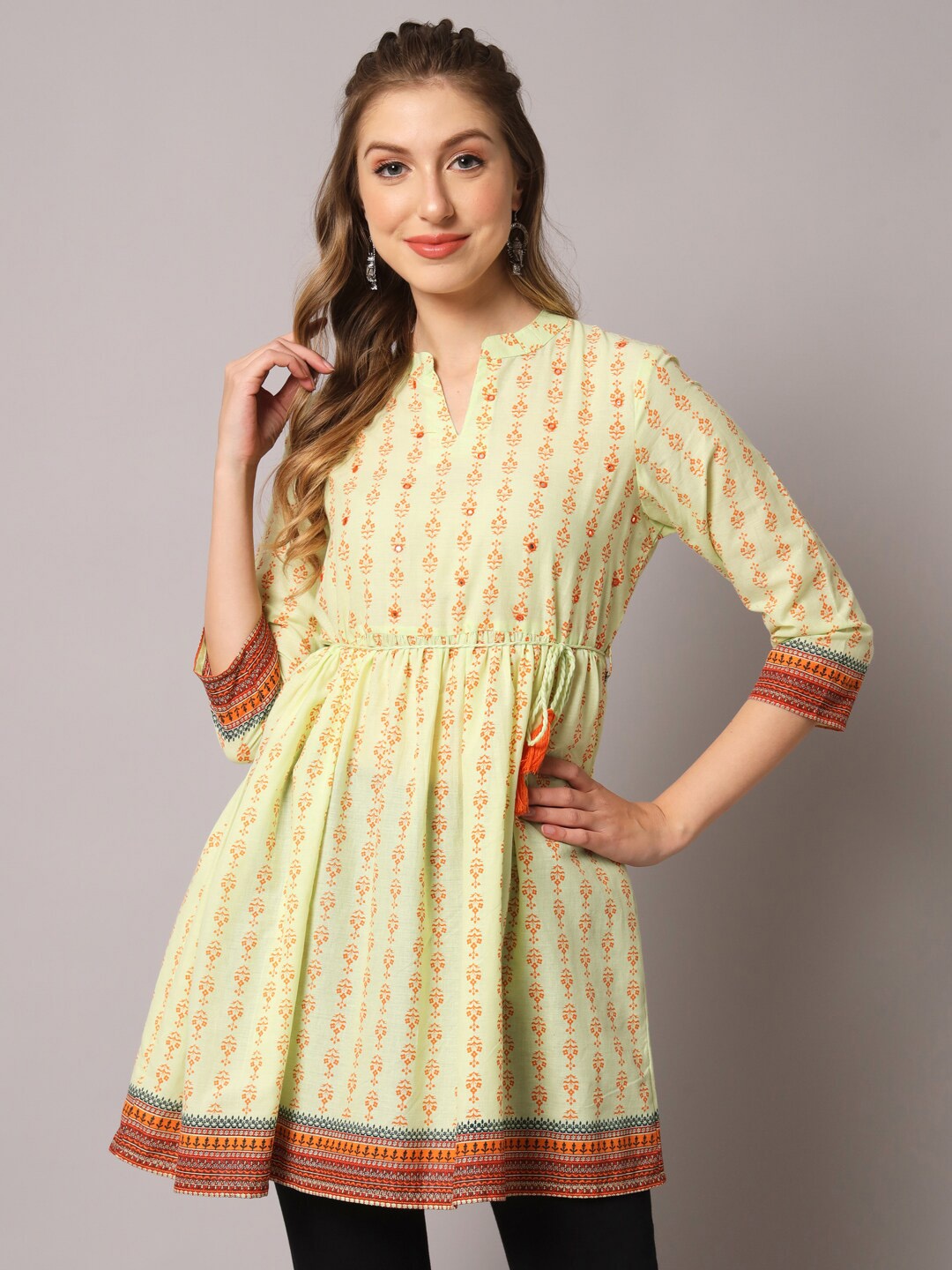 

PREKSHA Cotton Printed Embellished Tunic, Green