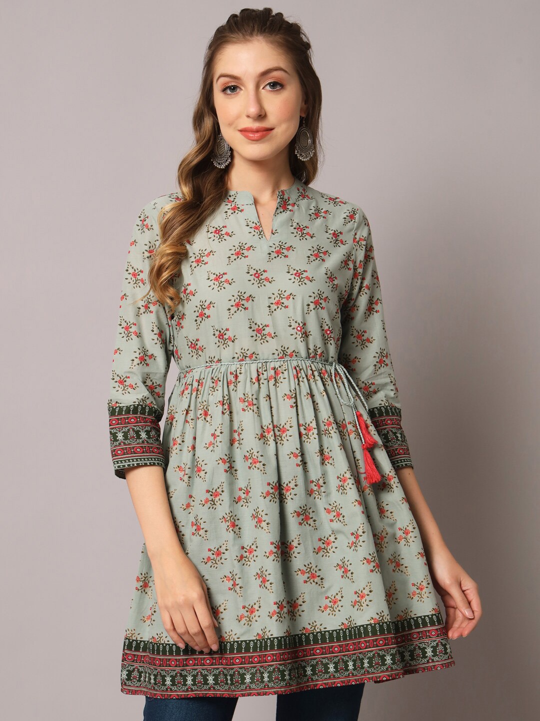 

PREKSHA Floral Printed Waist Tie-Up Tunic, Grey