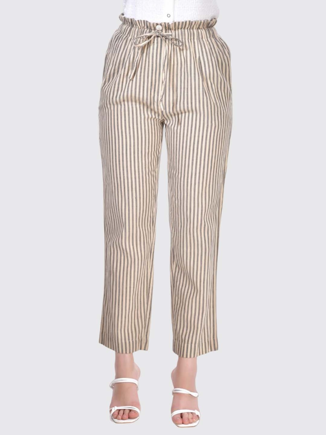 

Beatnik Women Striped High-Rise Cotton Trousers, Beige
