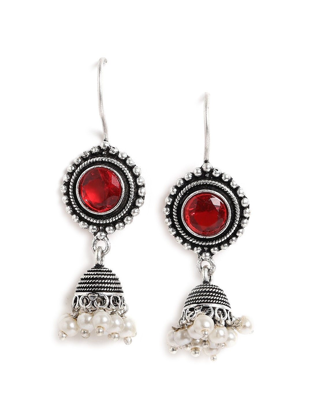 

EL REGALO Silver-Plated Stone Studded Geometric Jhumkas, Red